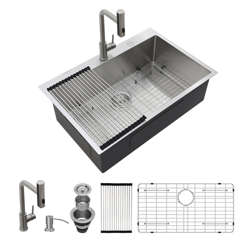 33" L x 22" W Drop In Kitchen Sink with Pull-out Faucet 16 Gauge Stainless Steel Topmount Single Bowl Sink