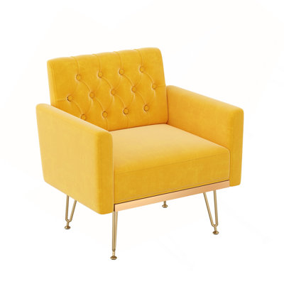 Velvet Armchair Single Sofa Modern Tufted Upholstered Side Reading Chairs with Arm and Gold Metal Leg for Living Room Bedroom (Mustard)