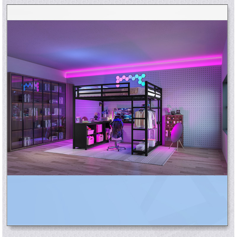 Lit mezzanine en métal avec bureau en L, cubes de rangement et garde-robe ouvert pour enfants, adolescents et adultes