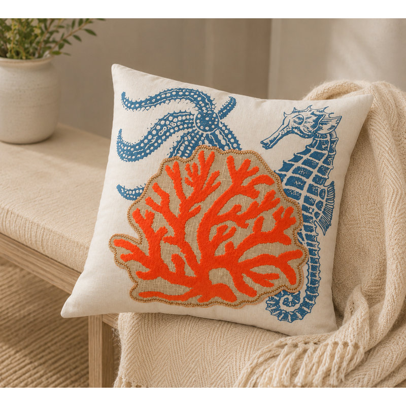 Coastal Applique Sea Life and Coral Decorative Throw Pillow