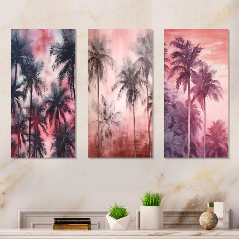 Ensemble de 3 décorations murales rétro avec palmiers roses et ombres, Toile tendue, H 28 po x l 36 po