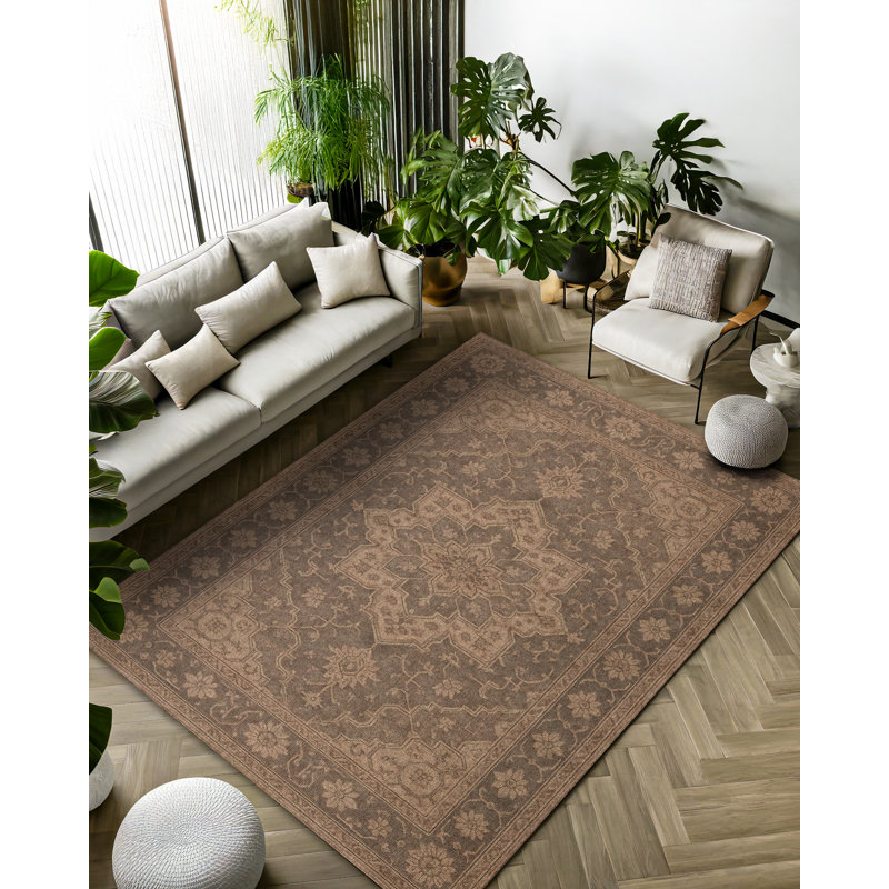 Nouvelle Collection Digital Print Cotton-Polyester Brown Oriental Rug, Rectangle 4' x 5'