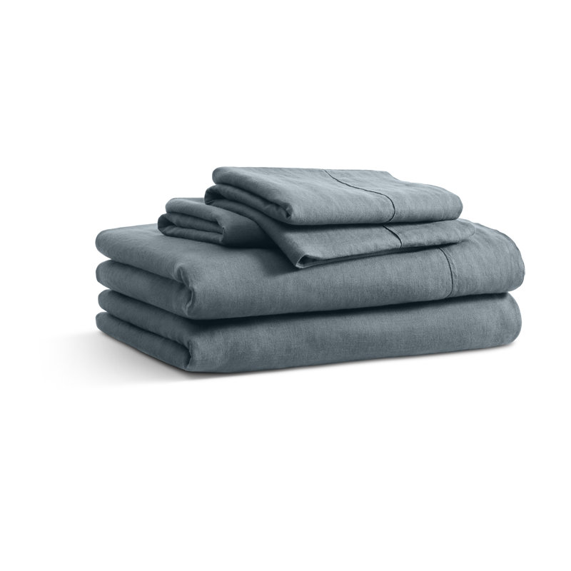Stone Washed Linen Sheet Set, Full Sheet Set + Fitted Sheet + 2 Pillowcases, Gray Blue