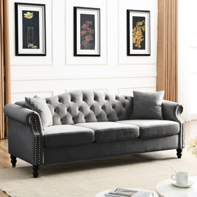 Velours gris 3 + 3 - option de sièges confortables. Fabrication. Siège d'une hauteur de 18 po, profondeur de 23 po et largeur de 66 po. Coussins en mousse souple. Rehaussez votre chambre à coucher ou votre bureau. Coussins amovibles pour un entretien facile 3: respirant