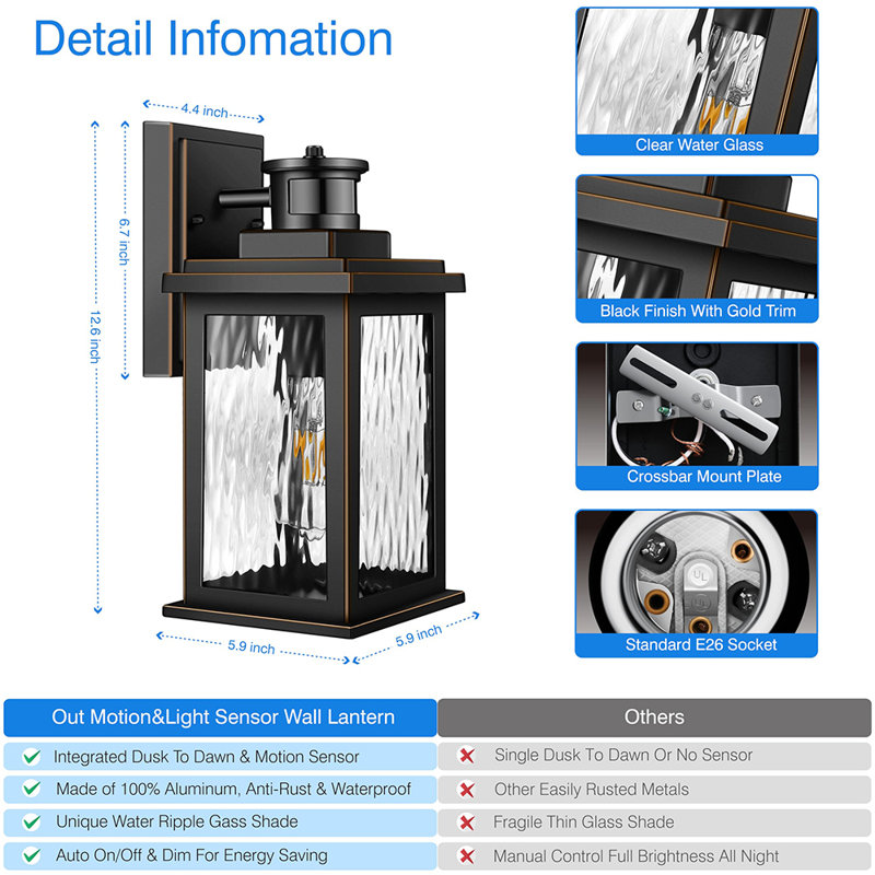 Motion Sensor Dusk to Dawn Outdoor Wall Lantern (Bulbs not Included), Black