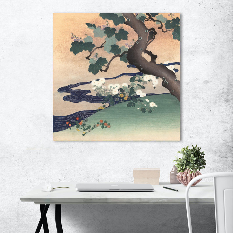 Tree, Stream And Flowers by Tsukioka Kôgyo - Wrapped Canvas Print, 70cm H x 70cm W x 4cm D