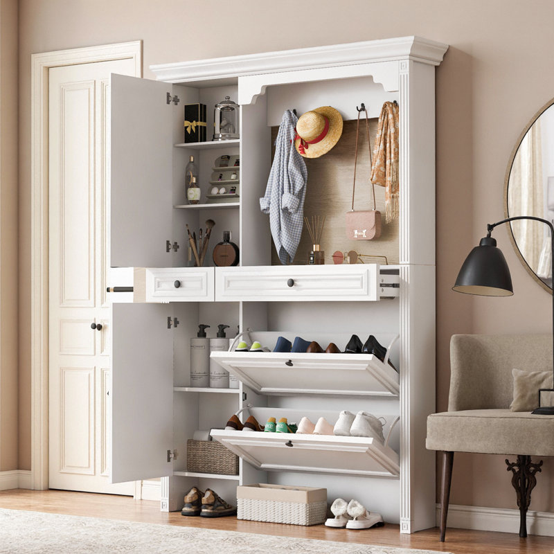 Entryway Hall Tree - 4-in-1 Shoe Cabinet, Mirror, Coat Rack & Bench