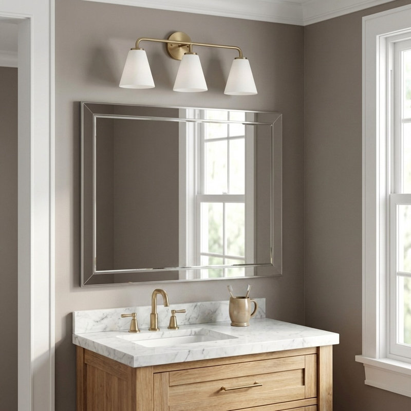 Meuble-lavabo à trois lumières Envoyer, 3, Laiton satiné, Blanc