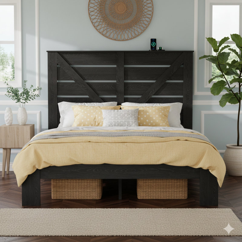 Full-Sized Bed Frame With A Headboard, Wooden Platform Base, Designed To Be Noise-Free, Requiring No Box Spring, With Easy Assembly Tools And Large Under-Bed Storage, In Black.