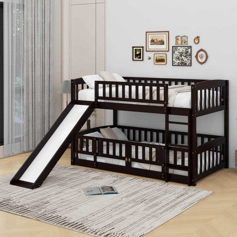 Lit superposé simple au-dessus de simple avec clôture, échelle et glissoire pour enfants adolescents, Espresso