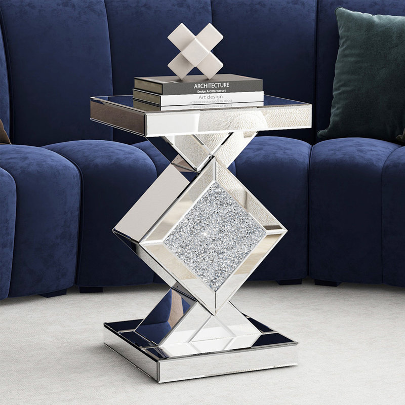 Amla 23'' Tall Pedestal Mirrored Glass Top End Table with Crystal Inlay, Silver