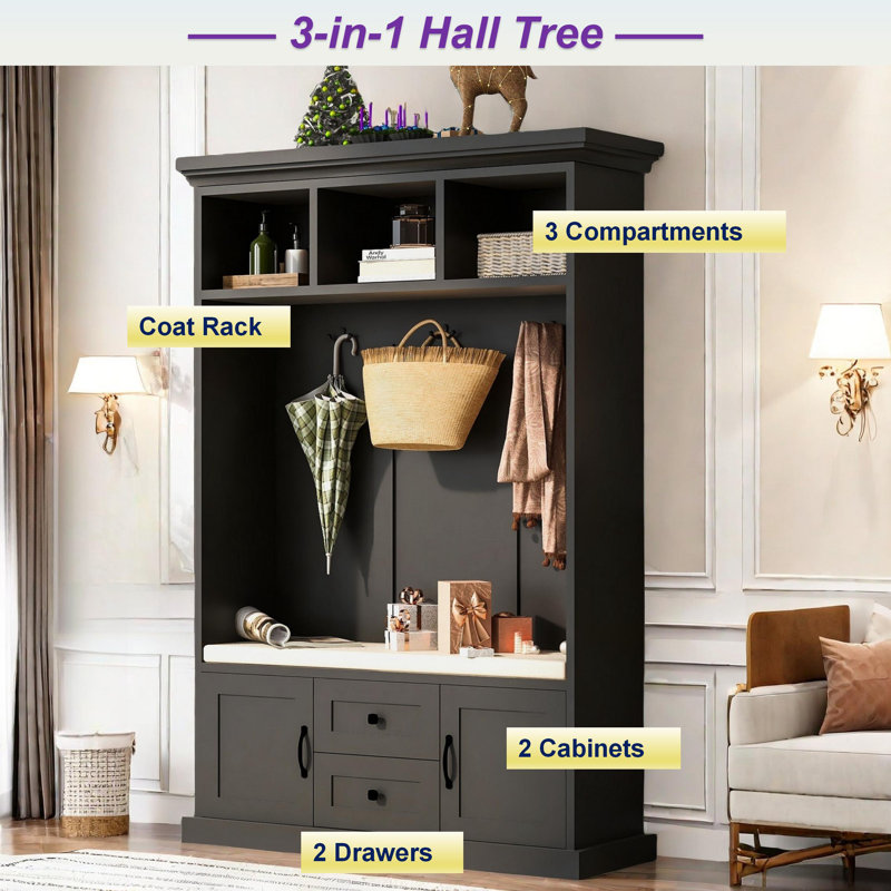 Ehrenfried  Hall Tree With Coat Rack, Storage Bench, 2 Drawers, 2 Cabinets And 3 Open Shelves, Black