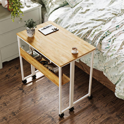 Bureau d'ordinateur pliant avec tablette de rangement compacte et compacte - Table d'écriture sur roulettes portable - Assemblage facile pour le bureau à domicile, la chambre à coucher, le bureau - Poste de travail compact pour les étudiants - Couleur bois naturel