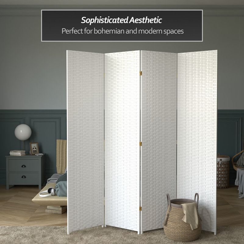 Amitis 7 Ft. Tall Woven Fiber Folding Room Divider, White, 4, 84'' H x 78'' W x 1'' D