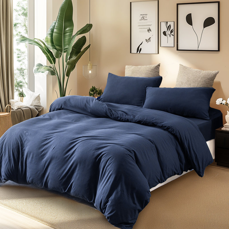 HOME BEDDING Jersey Cotton Duvet Cover Set, King Duvet Cover + 2 King Shams, Navy Blue