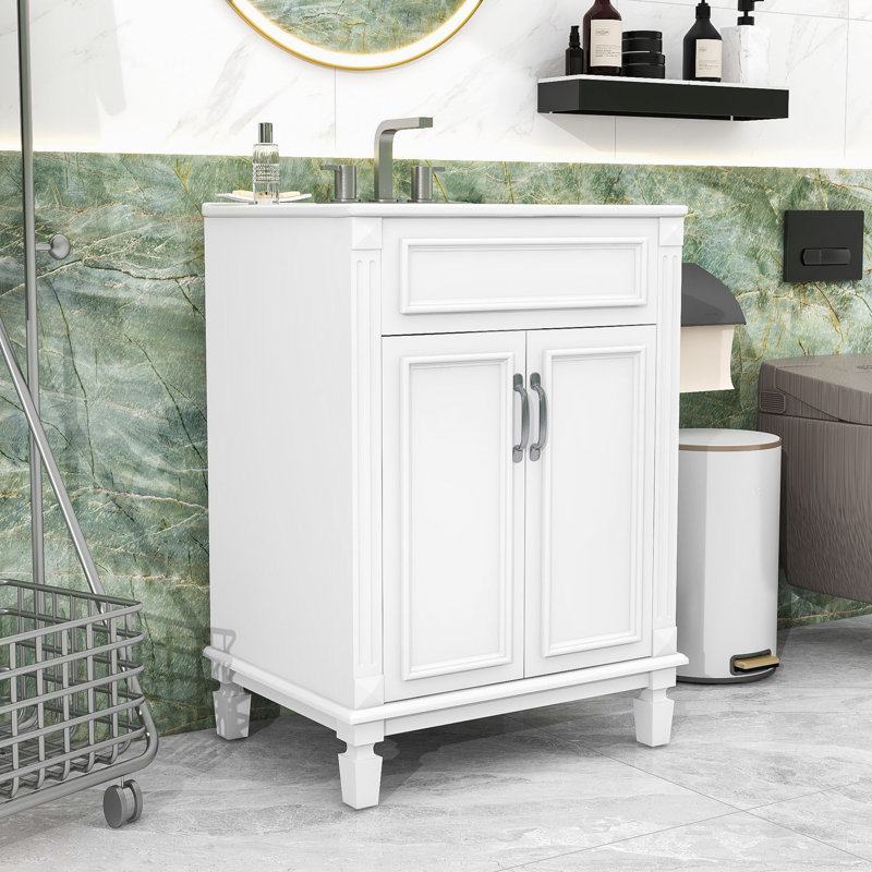 Meuble-lavabo moderne avec lavabo en céramique, tablette réglable et 2 portes à fermeture douce, Blanc