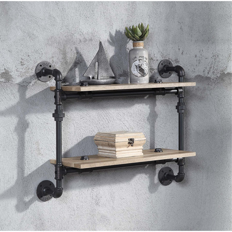 Étagère murale à 2 niveaux, chêne, noir sablé, tube de métal, conception de conduite d'eau, tablette, espace, style de rangement de décoration intérieure, finition chêne, cadre, espace, bureau élégant