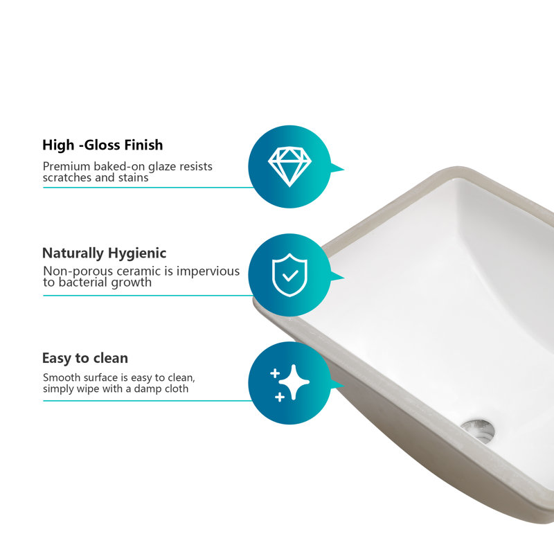 18"L x 14"W White Ceramic Rectangular Undermount Bathroom Sink with Overflow