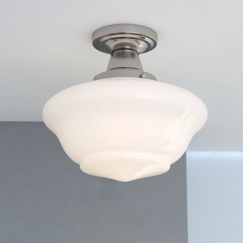 Plafonnier semi-encastré de style école en nickel satiné à 1 lumière de 12 po avec abat-jour en verre opale blanc givré Eastgate, idéal pour les plafonds bas, la chambre à coucher, le couloir ou la cuisine