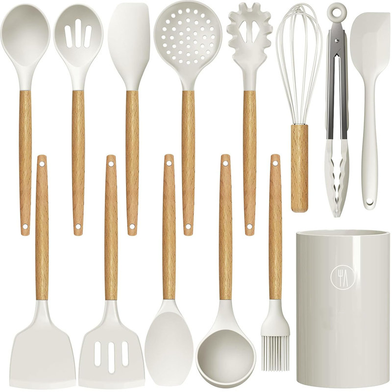 14 PCS Silicone Cooking Utensil Set, Wooden Handle Kitchen Utensils Set, Non-Stick,Heat Resistant, BPA Free