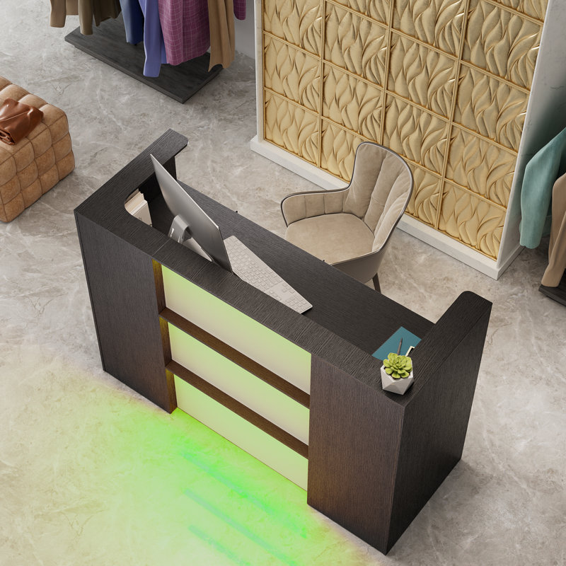 Bureau de réception avec lumières DEL - table de comptoir moderne pour la caisse, le hall d'entrée, le salon, la vente au détail, le magasin, la clinique et le bureau (noir)