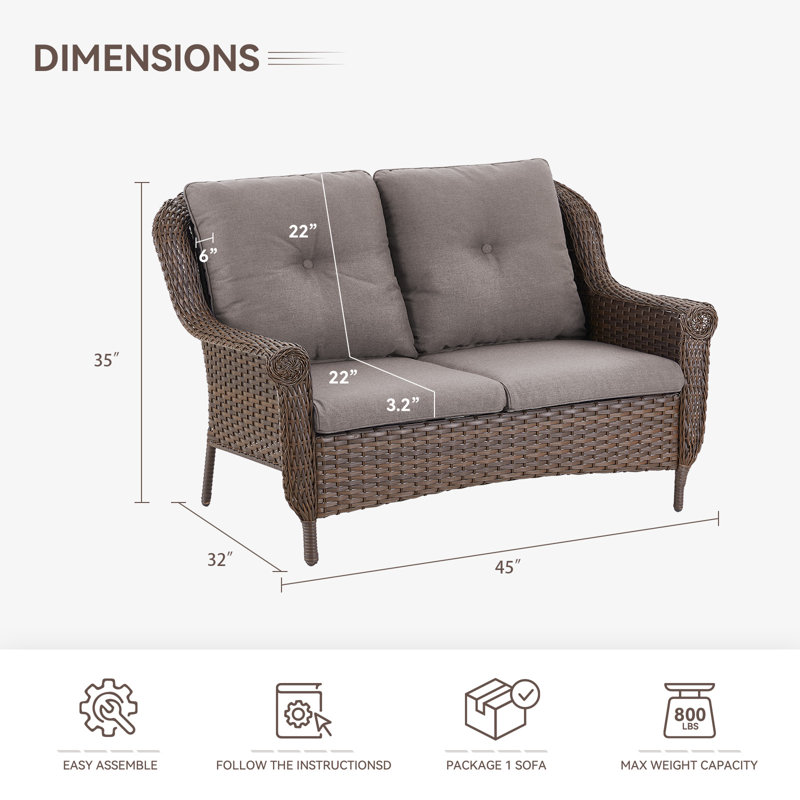 Mindee 45" Wide Outdoor Wicker Loveseat With Cushions, Gray