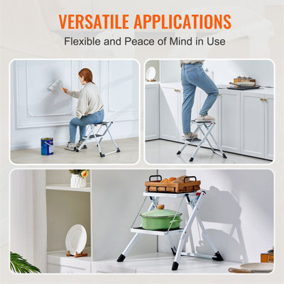 Step Ladder 2-Step 330lbs Capacity, Ergonomic Folding Steel Step Stool with Wide Anti-Slip Pedal, Sturdy Step Stool for Adults Toddlers, Multi-Use for Household, Kitchen, Office, RVs