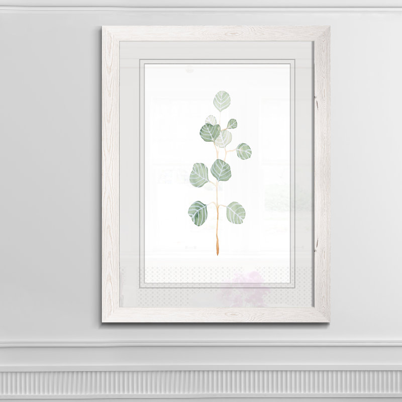 Douce branche d'eucalyptus II - Peinture encadrée sur papier, H 38 po x l 28 po x P 1,25 po, Cadre blanc