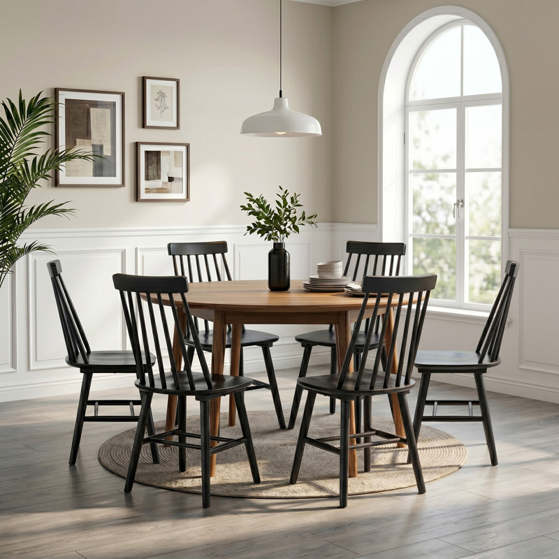  17.5" W Farmhouse Windsor Solid Wood Dining Chairs, Side Chairs Set of 6,Black, Black, 6