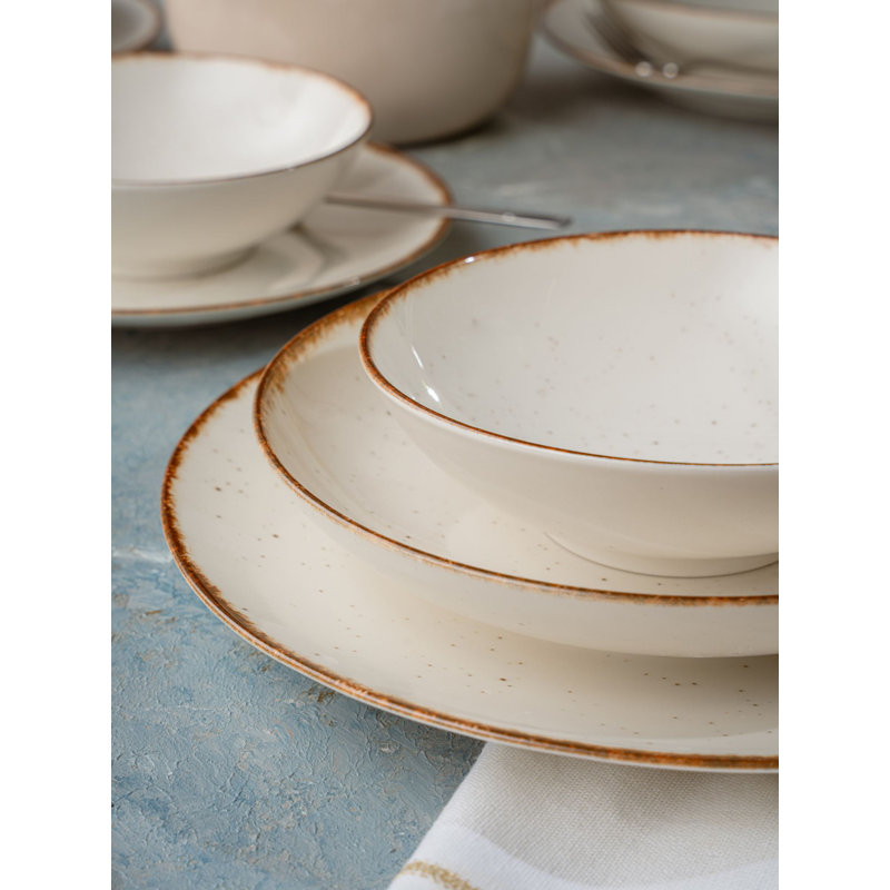 Elegant 24-Piece Dinner Set, 100% Porcelain, White & Brown | Includes 6 Service Plates (9.8 x 9.8 x 1.2 in), 6 Plates (7.9 x 7.9 x 1.6 in), 6 Bowls (5.9 x 5.9 x 1.8 in), 6 Dessert Plates (7.9 x 7.9 x 0.8 in) | Dishwasher & Microwave Safe