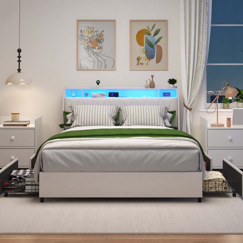 Cadre de lit avec tête de lit plateforme ergonomique, Blanc, Grand lit