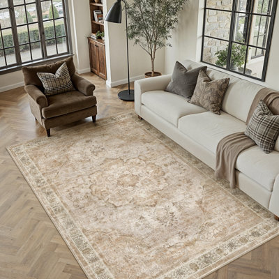 Aurea Vintage Distressed Medallion Washable Area Rug With Non-Slip Backing