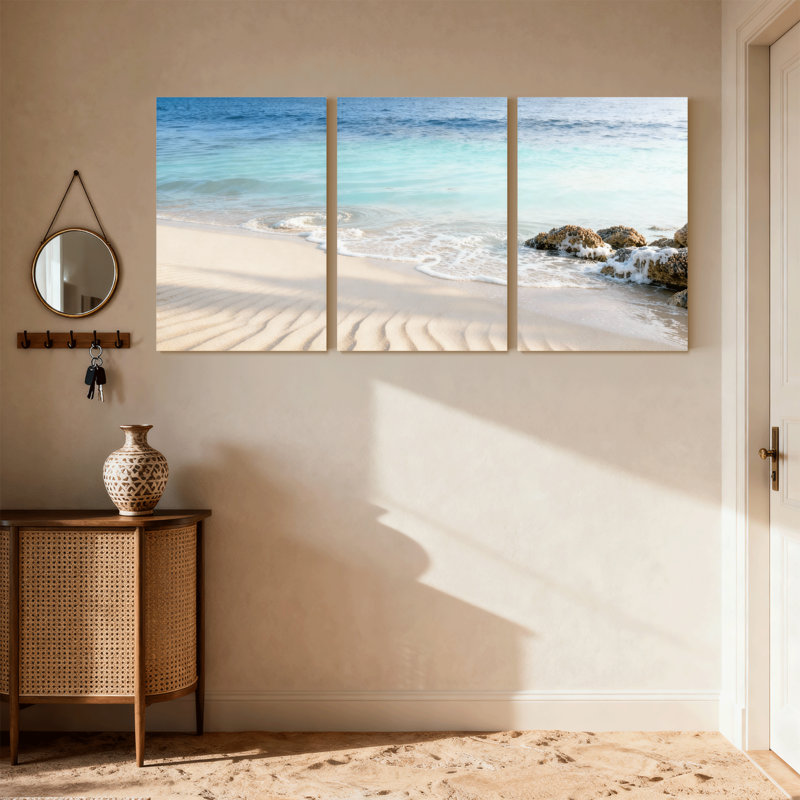 Plage, plage, vagues, sable, roches, océan, ciel, horizon, calme, ensemble de 3 impressions sur toile, H 30 po x l 60 po
