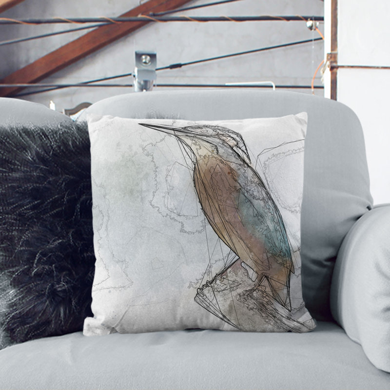 Graceful Kingfisher Bird Sketch Cushion with Filling, 40cm H x 40cm W x 15cm D