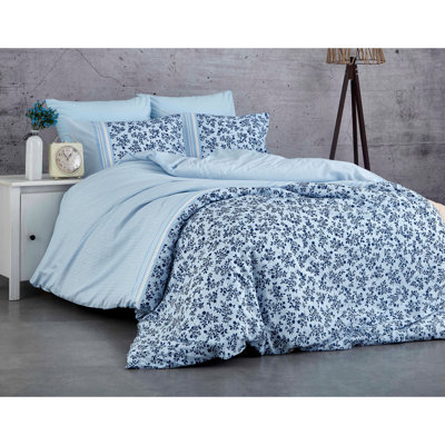 100% Cotton Ranforce Quilt Cover Set, Blue & Dark Blue | Duvet Cover 53.1 x 78.7 inches & Pillowcase 31.5 x 31.5 inches | Machine Washable, 140 Thread Count, Button Closure for Duvet, Envelope Closure for Pillow | Soft & Stylish Bedding
