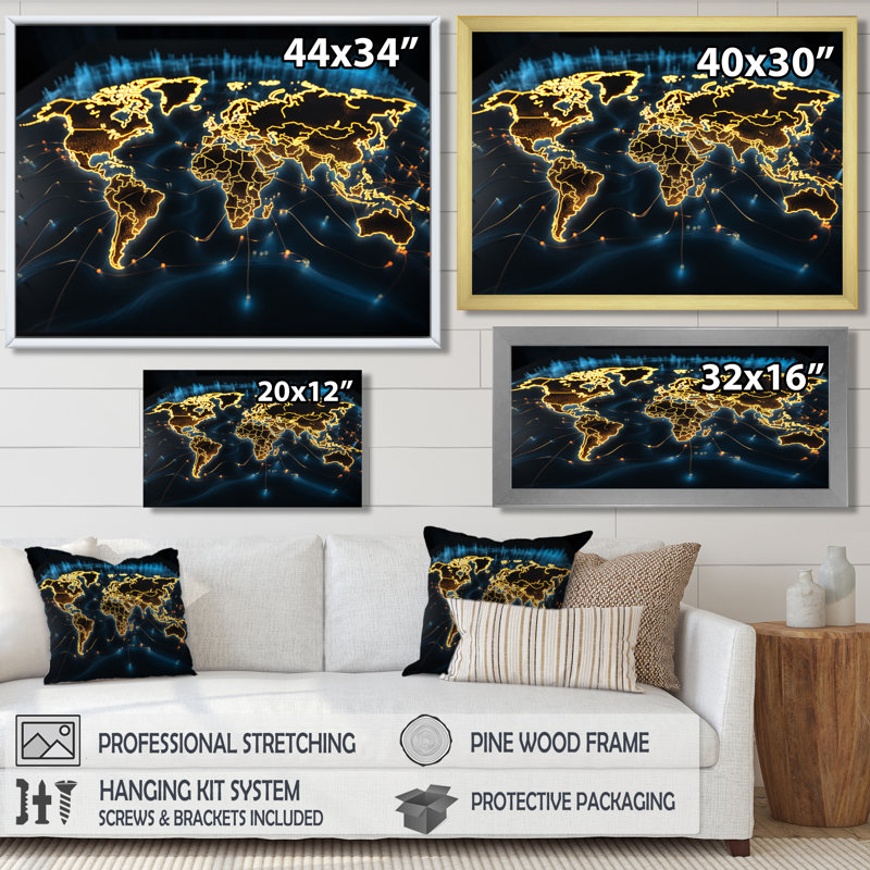 Golden Radiant Map Of The World - World Map Wall Art Living Room, Black Floater Framed Canvas, 12" H x 20" W x 1" D