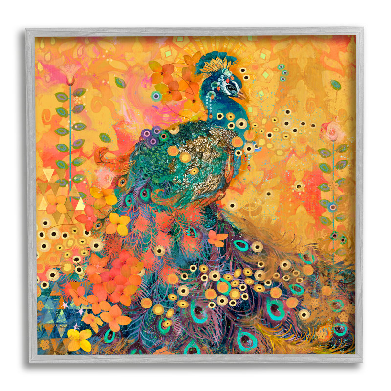 Motif de paon bohémien, impression sur bois, Estampe numérique Farmhouse, H 12 po x l 12 po x P 1,5 po