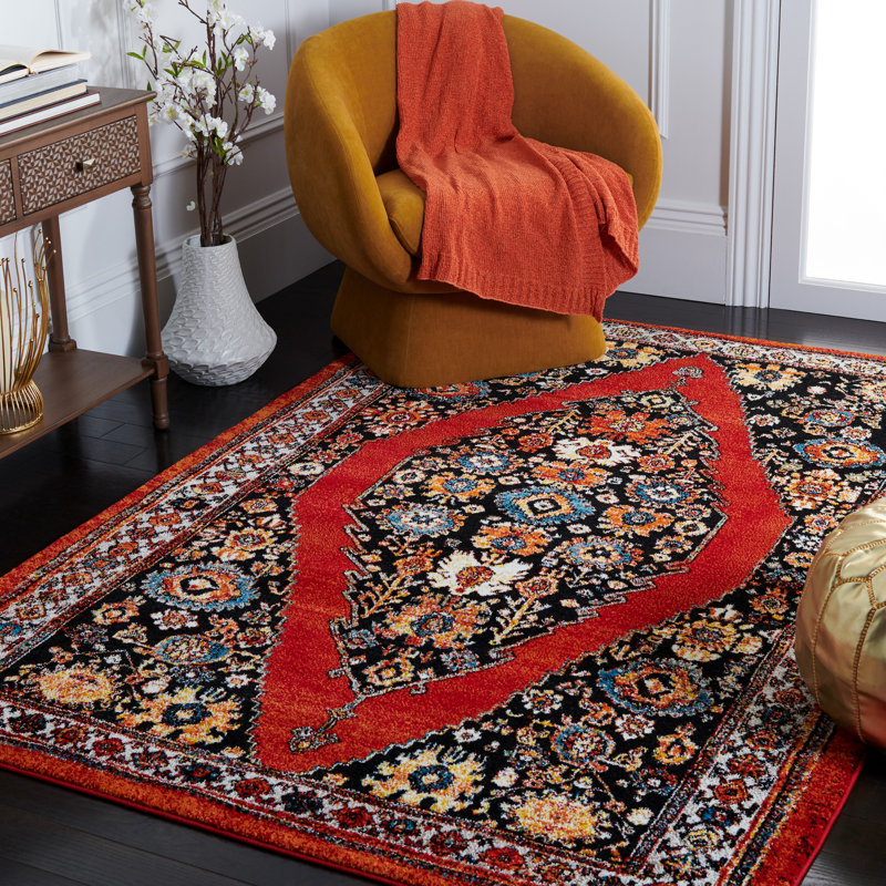 Tapis rétro rouge / noir Hamadan 265, Rectangle 4 pi x 6 pi