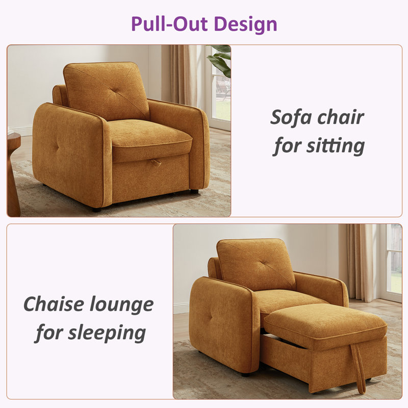 40.94'' Upholstered Pull-Out Accent Chair, Convertible Sleeper Chair, Curry