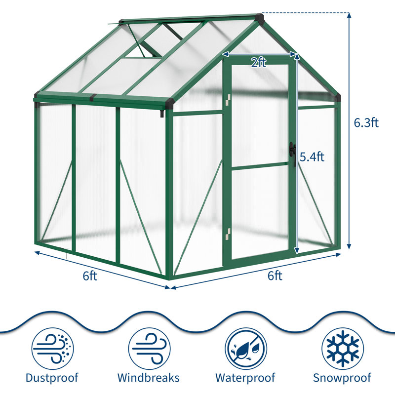 6×6 ft Walk-In Outdoor Greenhouse with Polycarbonate Panels, Reinforced Aluminum Frame, Adjustable Roof Vent, Green