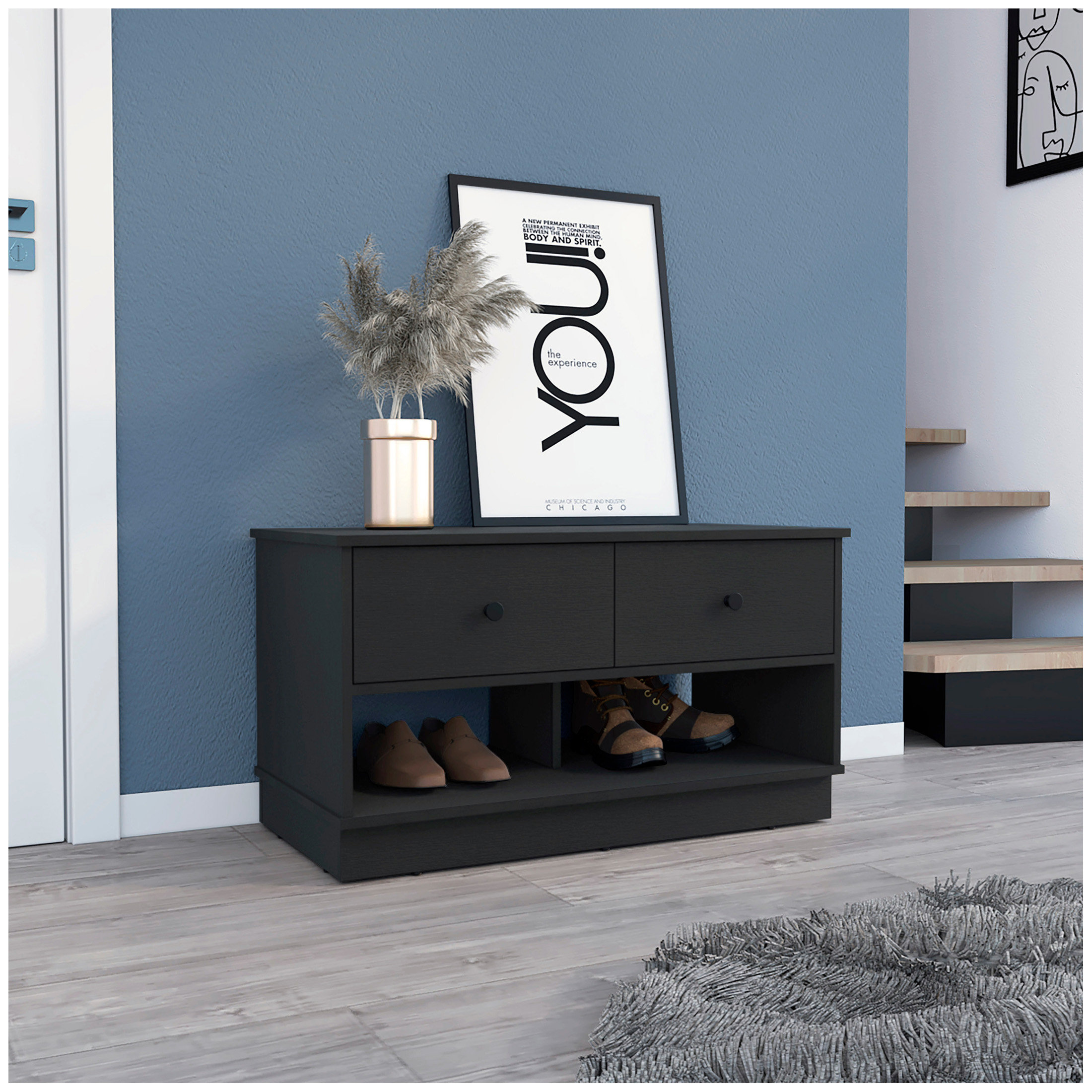 Mercer41 Willamette Rectangle 2-Shelf 2-Drawer Storage Bench Black ...