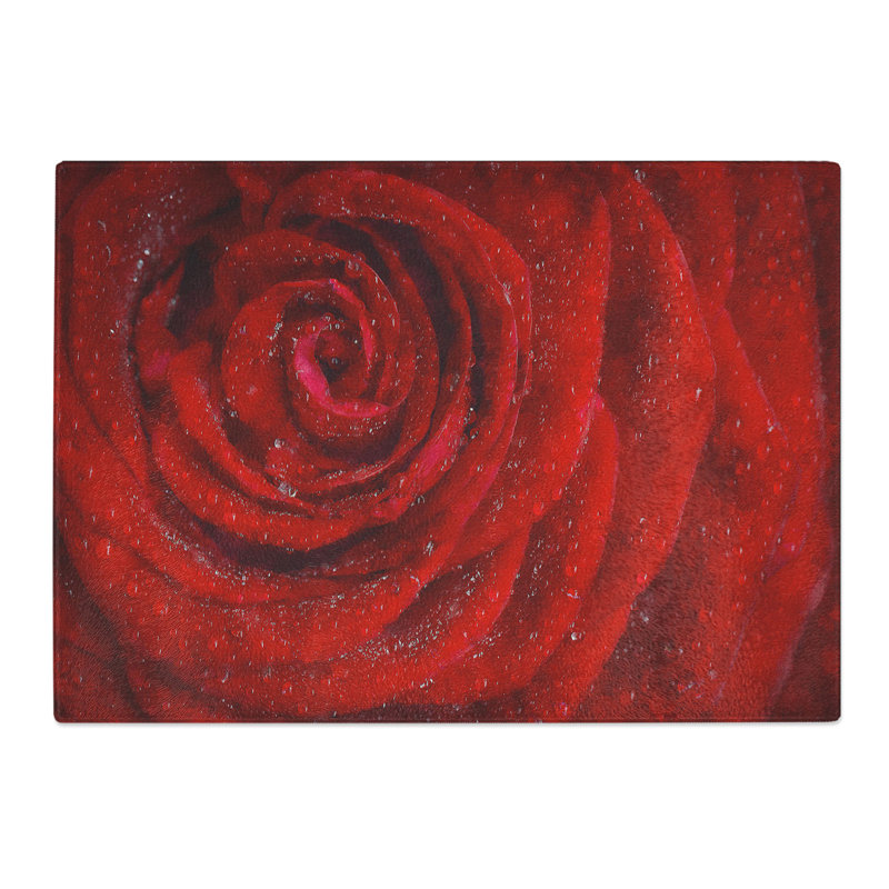 Tempered Glass Dewdrops upon a Red Rose Chopping Board, 28.5 cm x 39 cm
