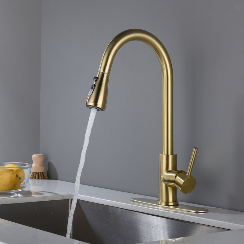 Robinet d'évier de cuisine à poignée simple en acier inoxydable avec douchette extractible, Doré