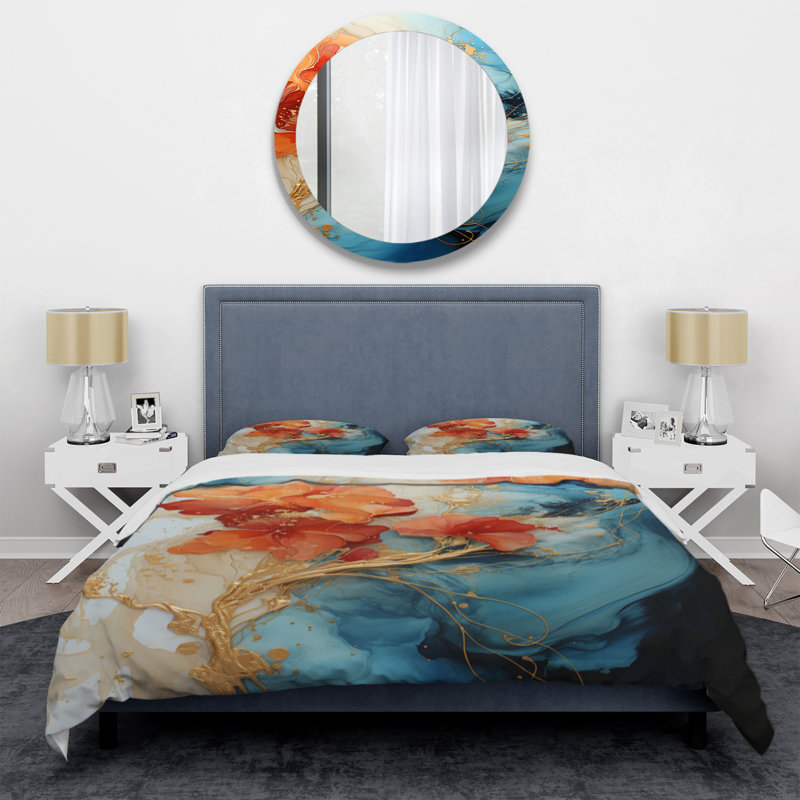 Orange Teal Abstract Fractal - Fractals Duvet Cover Set - Microfiber Polyester, Queen Duvet Cover + 2 Standard Shams