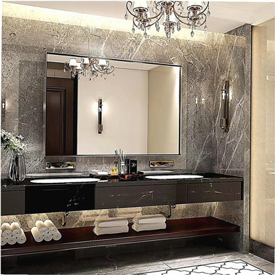 40x30 inch silver rectangular wall hung beveled bathroom mirror, square metal frame wall hung bathroom mirror, suitable for wall (horizontal and vertical)