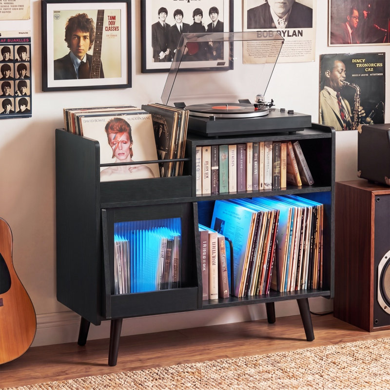 Support pour tourne-disque avec lumière DEL, prises de courant et rangement en vinyle, noir, Noir
