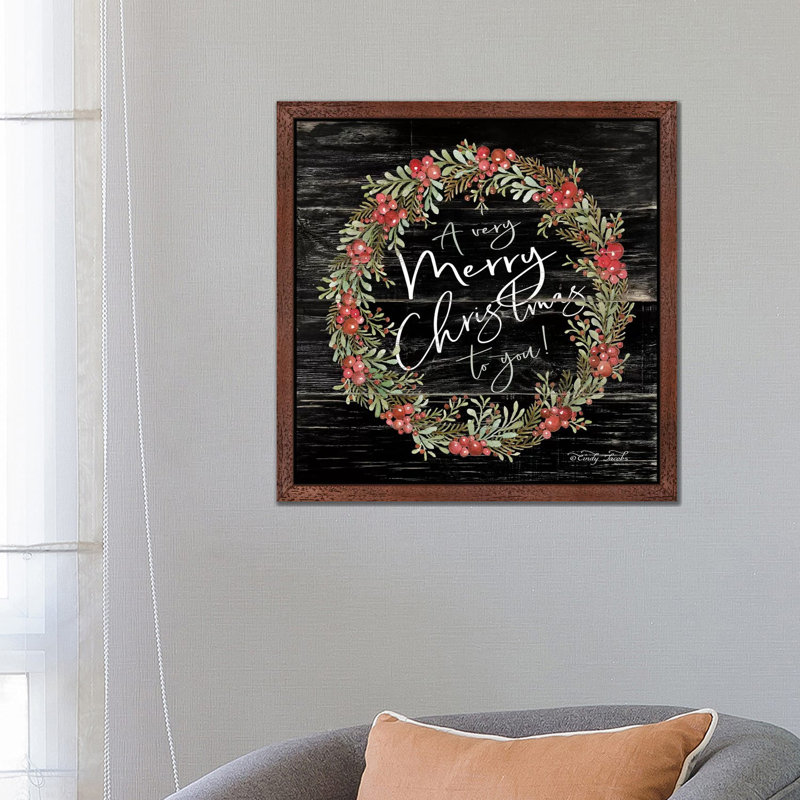 A Very Merry Christmas Wreath by Cindy Jacobs - Floater Frame Print on Canvas, 66.04 cm H x 66.04 cm W, Brown