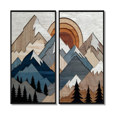 «Blue Orange Bold Mountains Landscape - Landscape», art encadré, décoration murale abstraite bleue 2 pièces