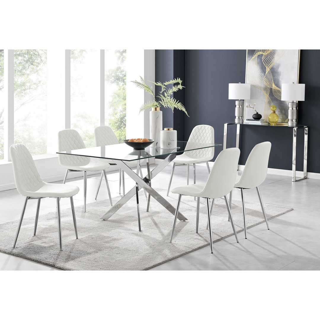 Lenworth Modern Chrome Metal and Glass Dining Table Set with 6 Luxury Faux Leather Dining Chairs East Urban Home Chair 
