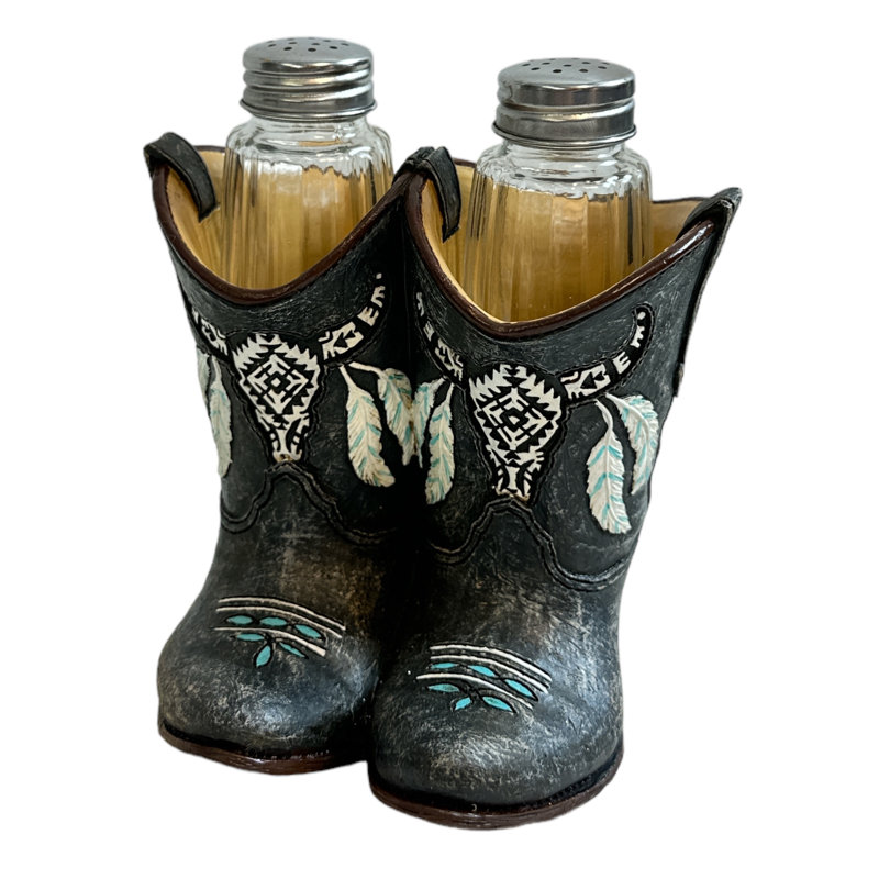 Ensemble de bottes Western en polyrésine avec crâne de vache et poivre sel et poivre